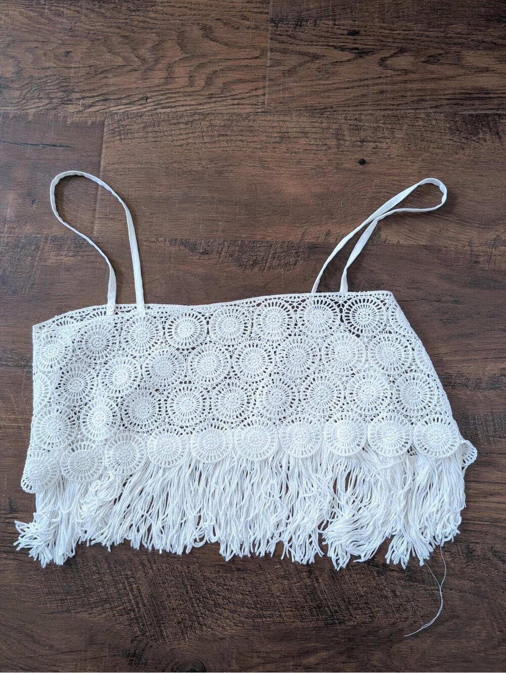 White Crochet Lace Fringe Crop Top/Topper Convertible Straps Boho Festival